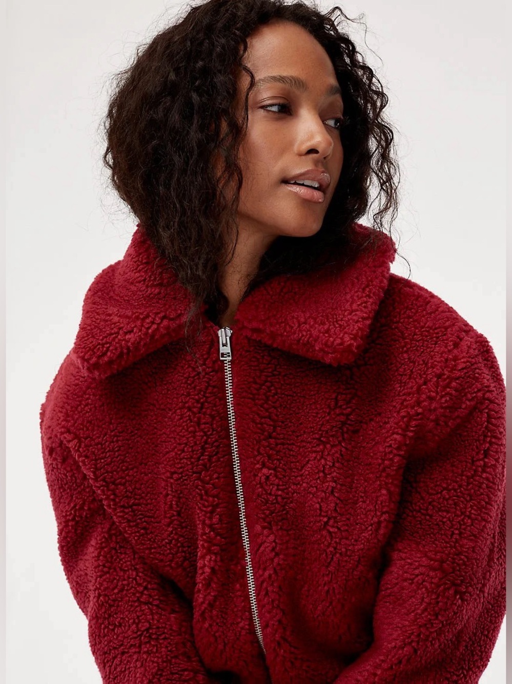 WILFRED Plush Teddy Bomber Jacket in Red
